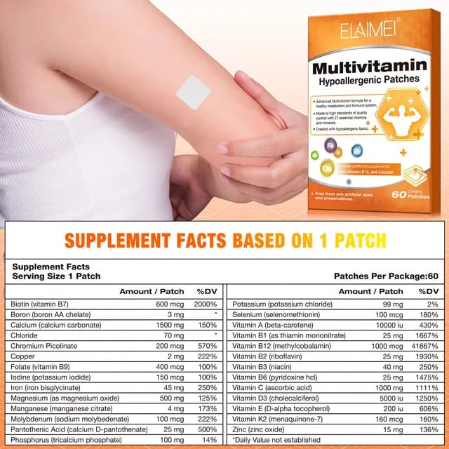 60 Parches con Vitaminas + Minerales Esenciales | Energía Diaria + Salud General | Apoyo Nutricional + Fácil de Usar