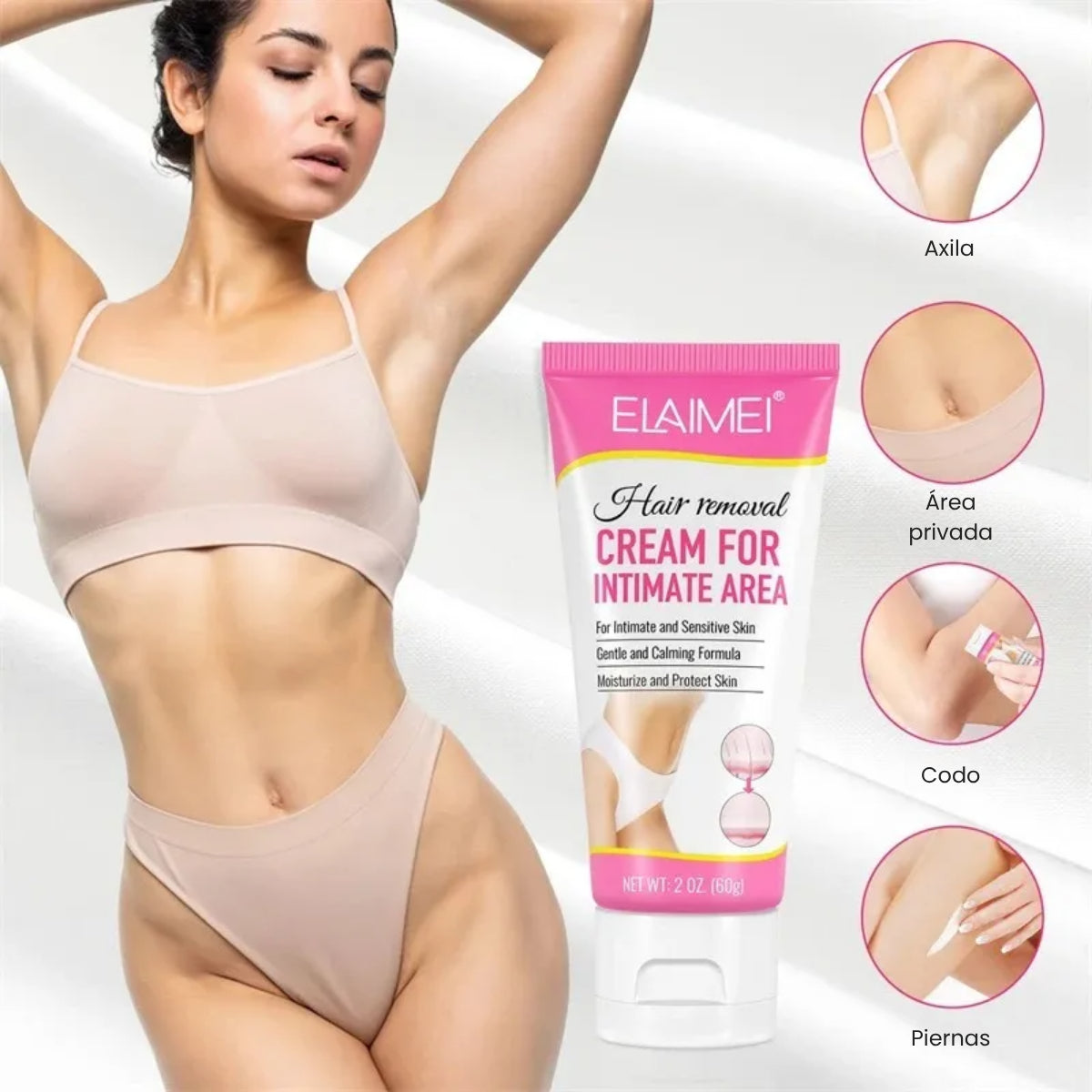 Crema Depiladora Suave con la Piel | Elimina Vello en Zonas Íntimas + Sin Dolor | Hidratación + Cuidado Delicado