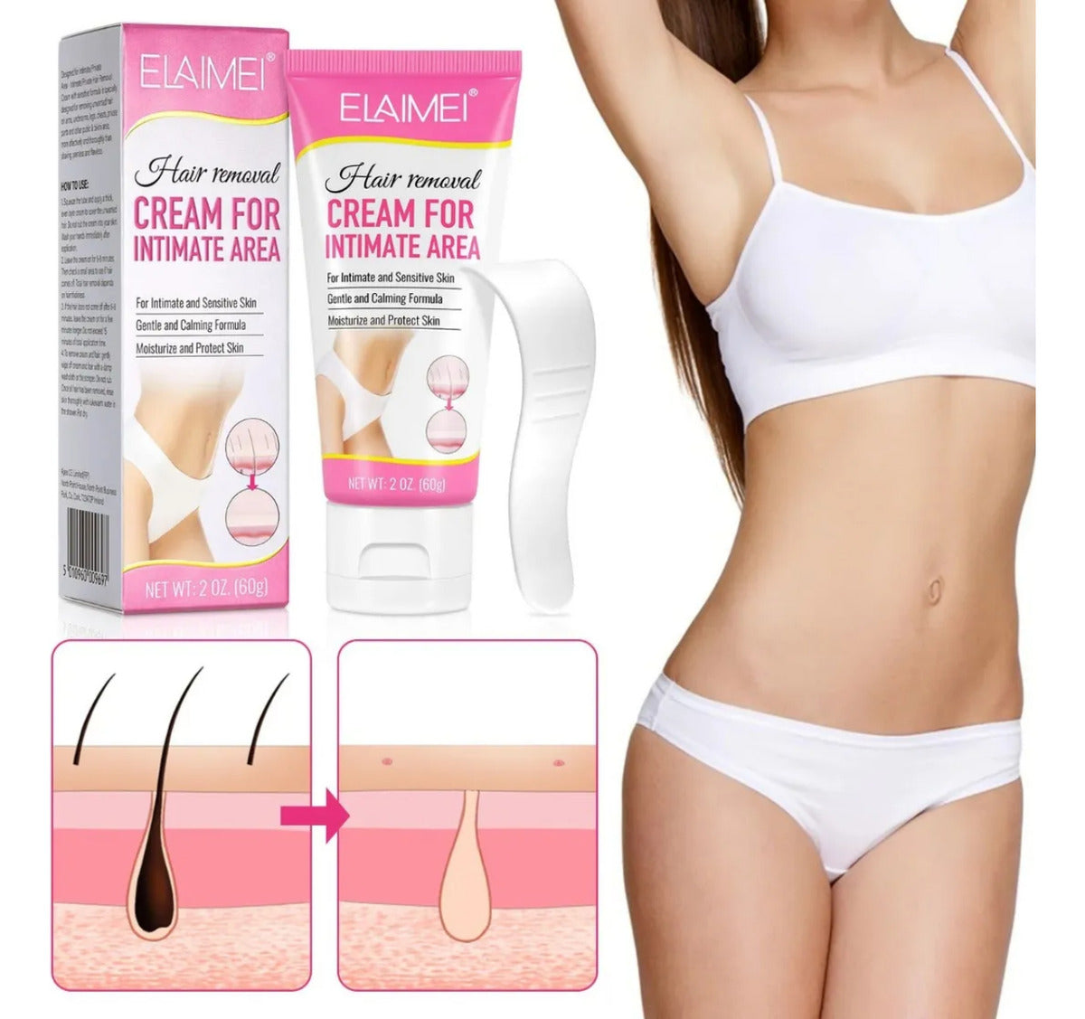 Crema Depiladora Suave con la Piel | Elimina Vello en Zonas Íntimas + Sin Dolor | Hidratación + Cuidado Delicado