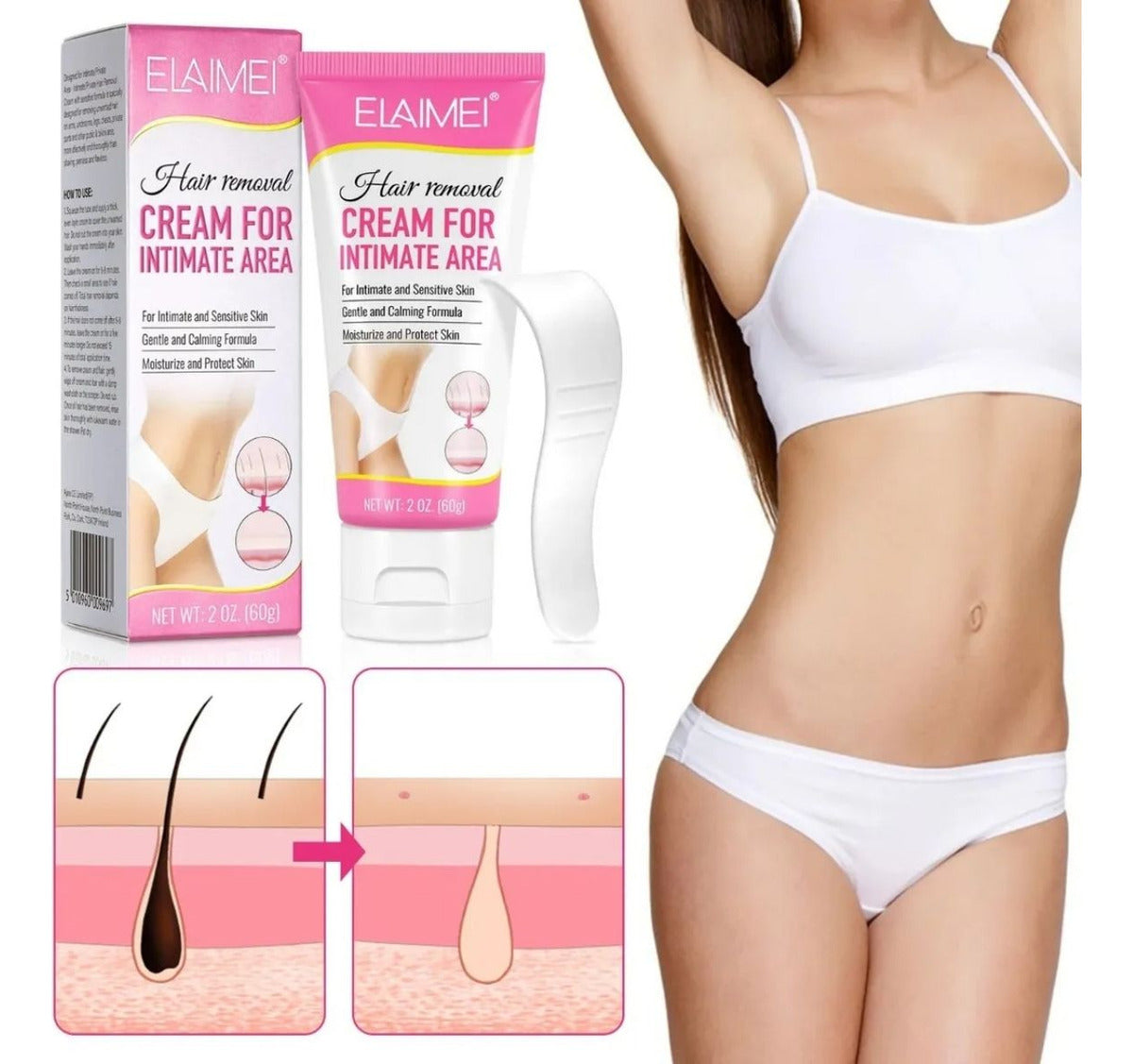 Crema Depiladora Suave con la Piel | Elimina Vello en Zonas Íntimas + Sin Dolor | Hidratación + Cuidado Delicado