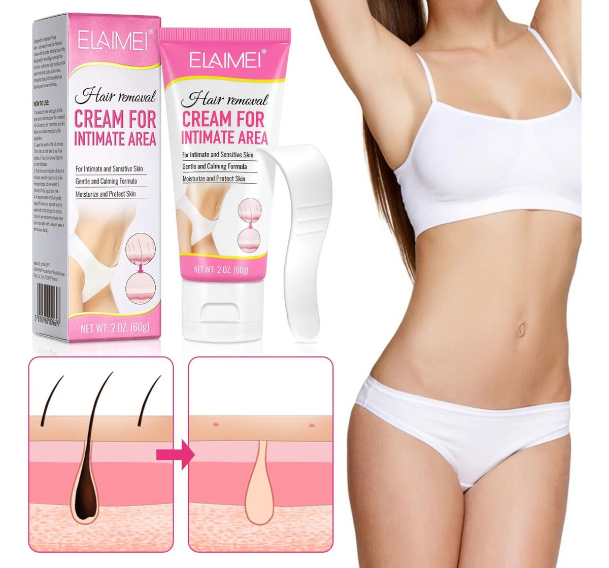 Crema Depiladora Suave con la Piel | Elimina Vello en Zonas Íntimas + Sin Dolor + Hidratante + Fórmula Segura + Fácil Aplicación