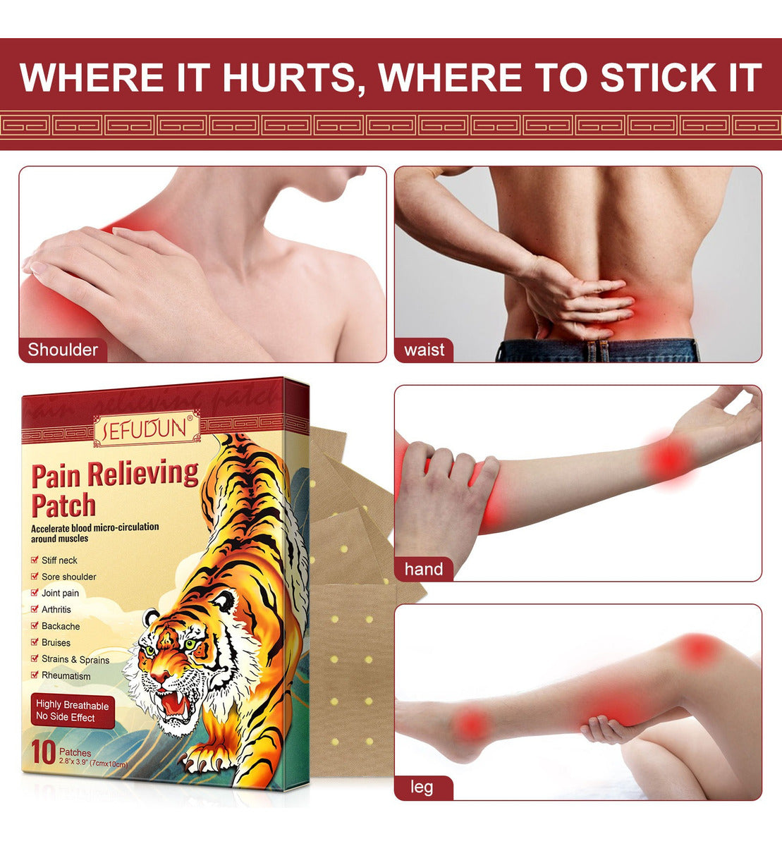 10 Parches para Dolor Muscular + Efecto Calmante | Alivio en Hombro + Espalda + Piernas | Uso Rápido + Adhesión Firme