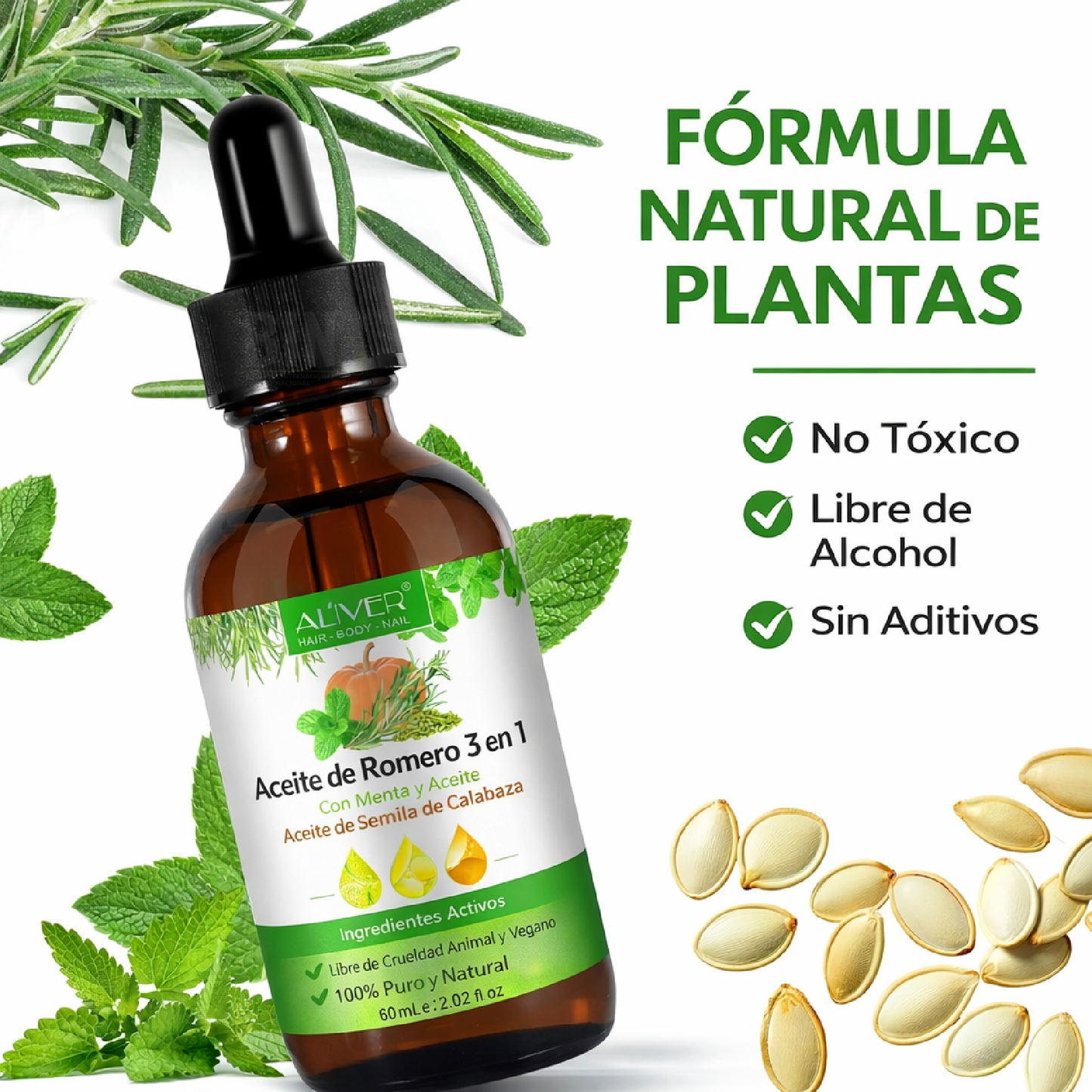 Aceite Capilar 3 en 1 con Romero, Menta, Semilla de Calabaza y Batana | Crecimiento e Hidratación