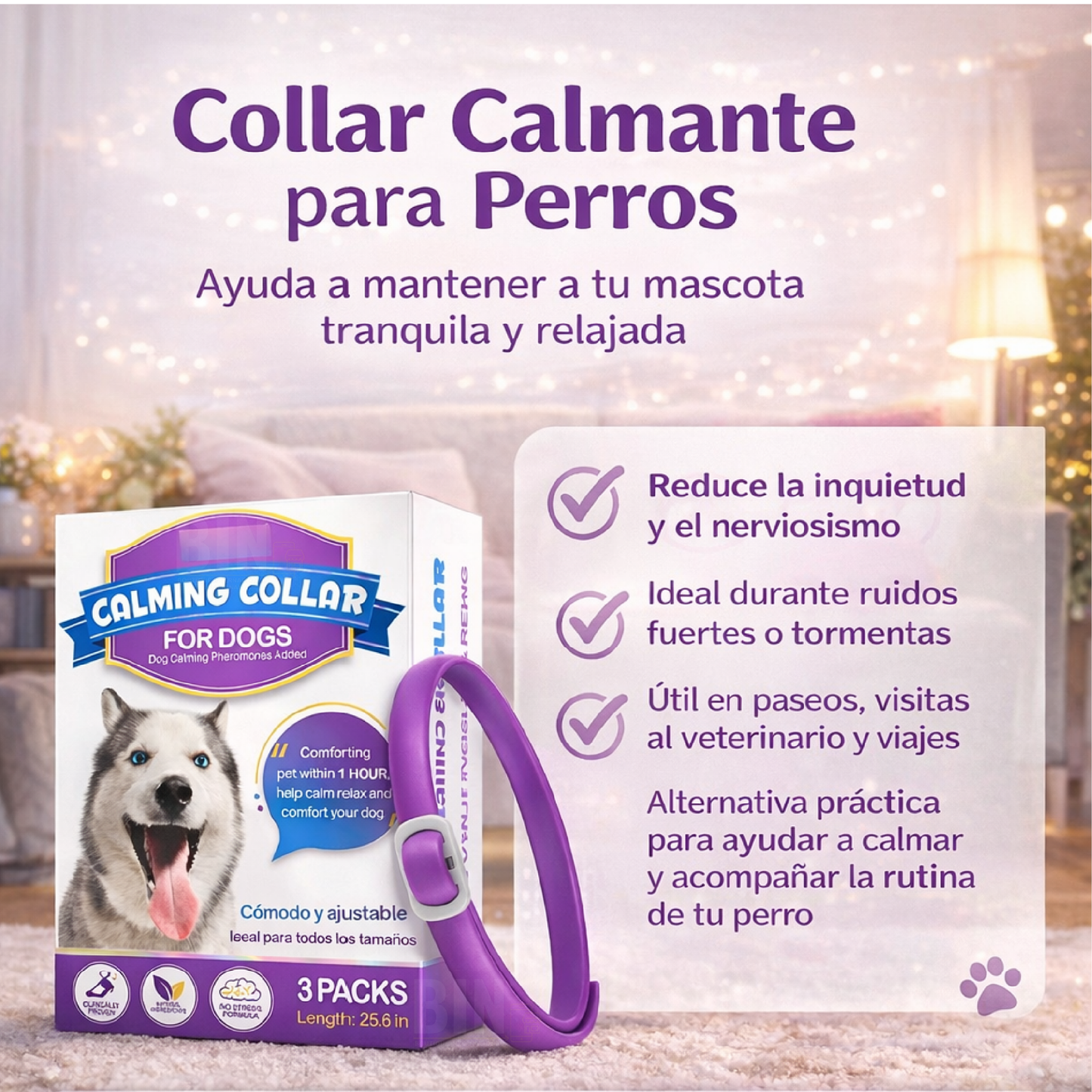 Collar Calmante Para Perros Con Feromonas Lavanda Ajustable