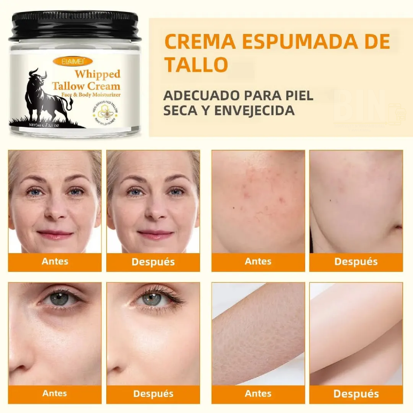 Crema Cebo de Res y Miel Elaimei Hidratante Aclarante Facial y Corporal