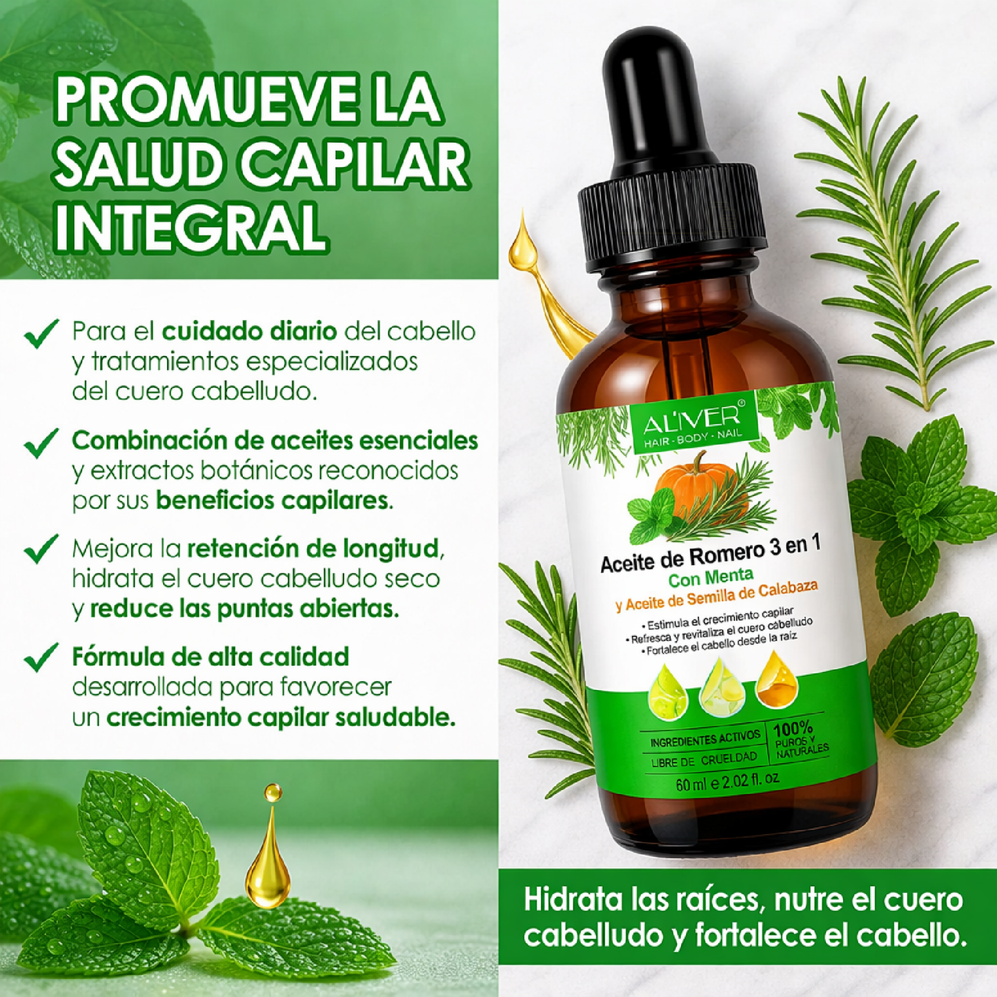 Aceite Capilar 3 en 1 con Romero, Menta, Semilla de Calabaza y Batana | Crecimiento e Hidratación
